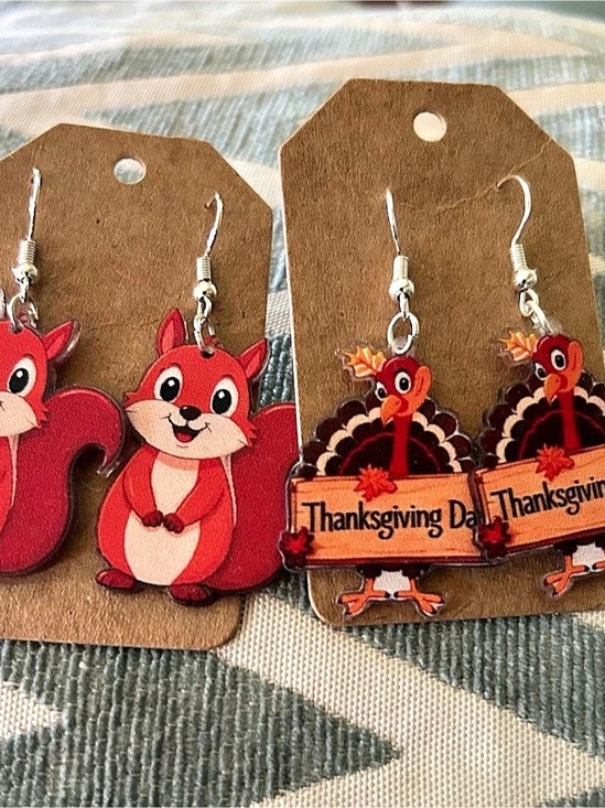 Jewelry - NWT-Red & Brown Squirrel & Turkey Thanksgiving Earrings- 2 earrings